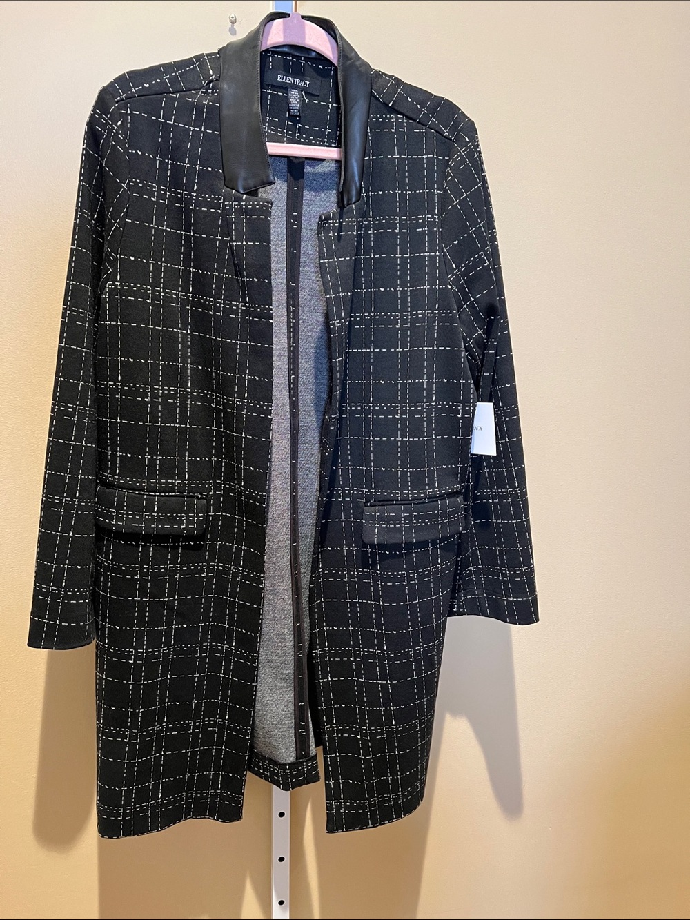 Ellen Tracy Black Windowpane Long Blazer with Leather Collar